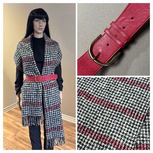 Houndstooth Blanket Scarf & Red Cinch Belt Set